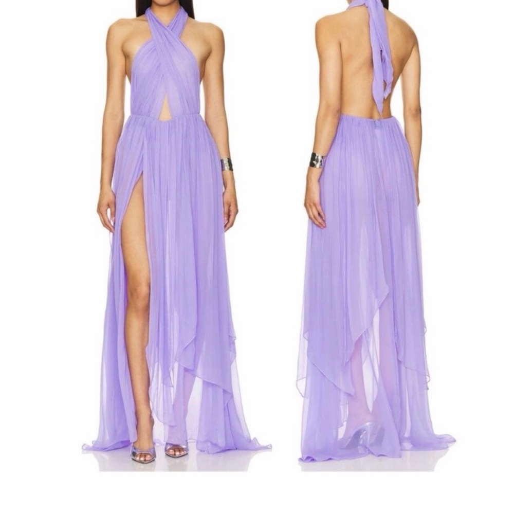 Retrofete Lilac Crisscross Halter Chiffon Maxi Dress